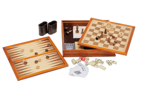 Wooden 7-in-1 Chess, Checkers, Backgammon, Dominoes, Cribbage Board, Playing Card and Poker Dice Game Combo Set