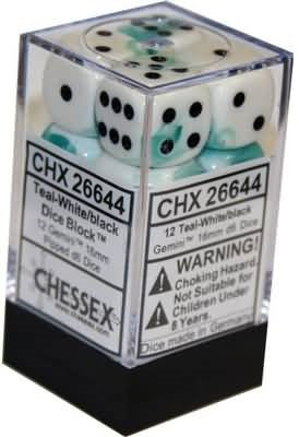 Chessex - Gemini 12D6-Die Dice Set - Teal-White/Black 16MM