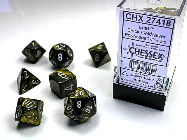 Chessex - Leaf Polyhedral 7-Die Dice Set - Black Gold/Silver
