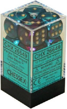 Chessex - Gemini 12D6-Die Dice Set - Purple-Teal/Gold 16MM