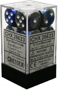 Chessex - Gemini 12D6-Die Dice Set - Blue-Steel/White 16MM