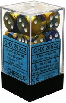 Chessex - Gemini 12D6-Die Dice Set - Blue-Gold/White 16MM