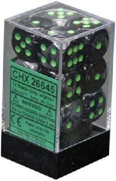Chessex - Gemini 12D6-Die Dice Set - Black-Grey/Green 16MM