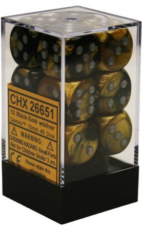 Chessex - Gemini 12D6-Die Dice Set - Black-Gold/Silver 16MM