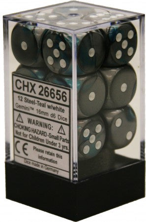 Chessex - Gemini 12D6-Die Dice Set - Steel-Teal/White 16MM