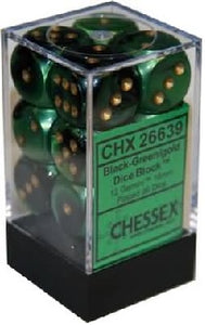 Chessex - Gemini 12D6-Die Dice Set - Black-Green/Gold 16MM