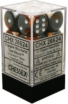 Chessex - Gemini 12D6-Die Dice Set - Copper-Steel/White 16MM
