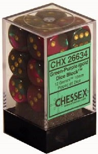 Chessex - Gemini 12D6-Die Dice Set - Green-Purple/Gold 16MM