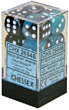 Chessex - Gemini 12D6-Die Dice Set - Black-Shell/White 16MM