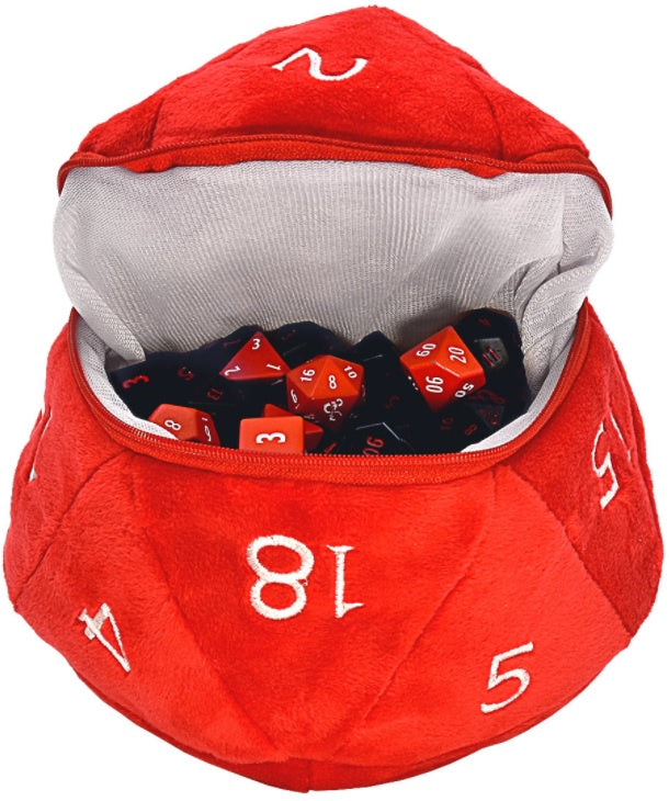 White and Red D20 Plush Dice Bag for Dungeons & Dragons
