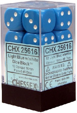 Chessex - Opaque 12D6-Die Dice Set - Light Blue/White 16MM