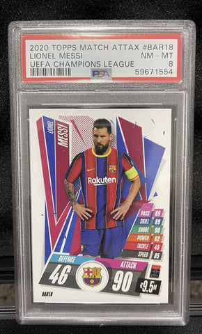 Lionel Messi 1x Sports Card Single (In Barcelona Club Jersey) (PSA Graded 9) Randomly Selected, Stock Photo - May Not Get Card In Picture