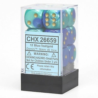 Chessex - Gemini 12D6-Die Dice Set - Blue-Teal/Gold 16MM