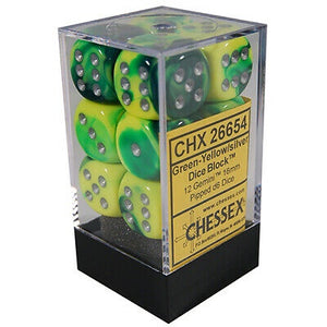 Chessex - Gemini 12D6-Die Dice Set - Green-Yellow/Silver 16MM