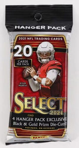 2021 NFL Panini Select Football Trading Card Hanger Cello Fat Pack (20 Cards, 4 Exclusive Black & Gold Prizm Die-Cuts)