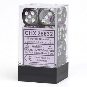 Chessex - Gemini 12D6-Die Dice Set - Purple-Steel/White 16MM